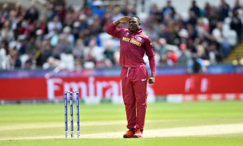 CHESTER-LE-STREET, ENGLAND - JULY 01: Sheldon Cottrell of West Indies celebrates as he gets Avishka Fernando of Sri Lanka out during the Group Stage match of the ICC Cricket World Cup 2019 between Sri Lanka and West Indies at Emirates Riverside on July 01, 2019 in Chester-le-Street, England. (Photo by Nathan Stirk/Getty Images)