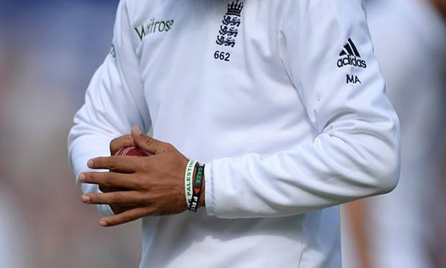 Moeen Ali wore wristbands with 'Save Gaza' and 'Free Palestine' messages on them during the second day of the third Test against India. Andrew Matthews/PA
