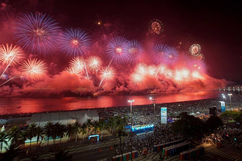Fireworks explode over Copacabana Beach during the New Year's celebrations in Rio de Janeiro, Brazil, Tuesday, Jan. 1, 2019. AP Photo