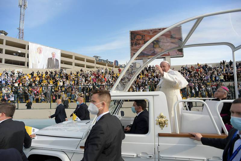 Pope Francis holds a Mass at Franso Hariri Stadium in Erbil, Iraq, on March 7, 2021. Reuters