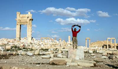 A Syrian soldier inside the historical city of Palmyra on March 29, 2016. EPA