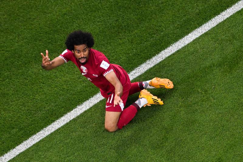 Qatar's Akram Afif appeals for a penalty. AFP
