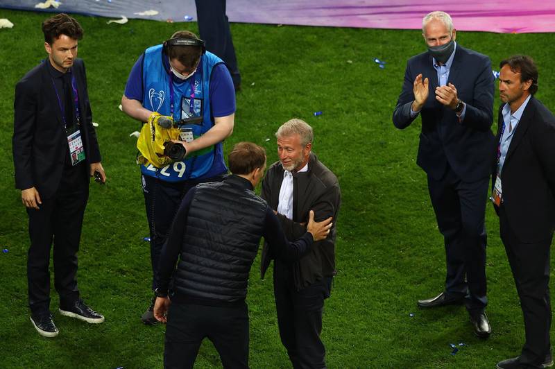 Chelsea manager Thomas Tuchel and Chelsea owner Roman Abramovich together after winning the Uefa Champions League. EPA