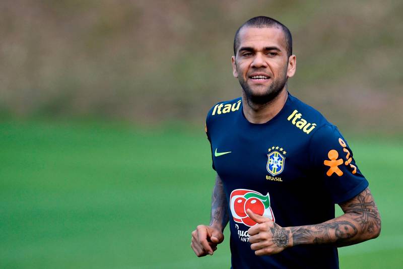 Brazil defender Dani Alves takes part in a training session at Cidade do Galo, in Belo Horizonte. AFP