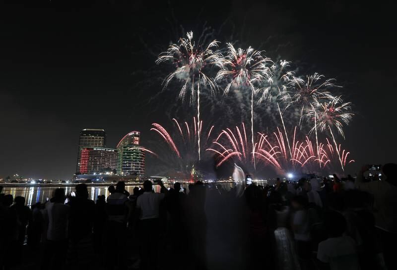 Fireworks go off for the UAE's 51st National Day at Festival Bay, Dubai. Chris Whiteoak / The National