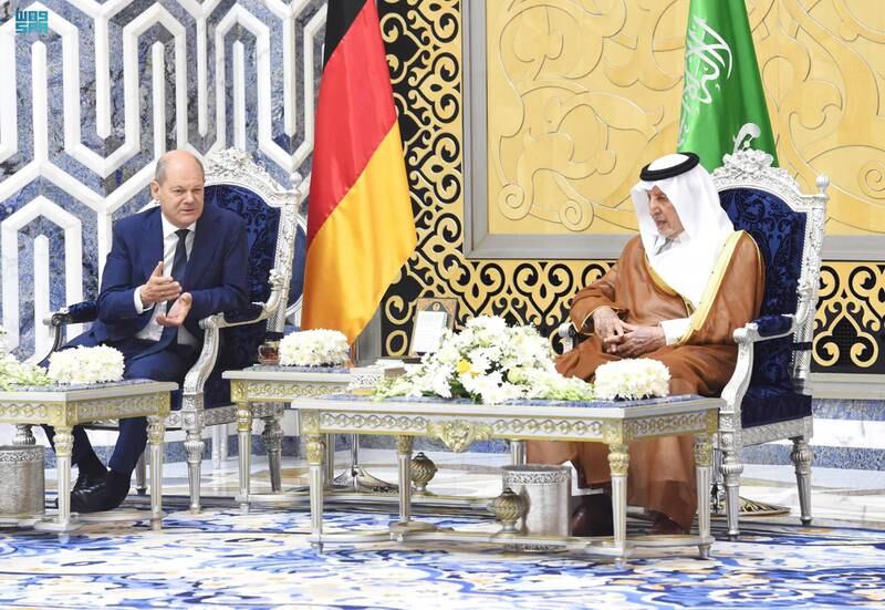 German Chancellor Olaf Scholz in discussions with Prince Khalid bin Faisal, Governor of Makkah Province, in Jeddah Saudi Arabia. Mr Scholz is accompanied by a large business delegation for his first trip to the Arabian Gulf. EPA