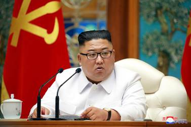 North Korean leader Kim Jong-un attends an emergency Politburo meeting in Pyongyang on Saturday. AP