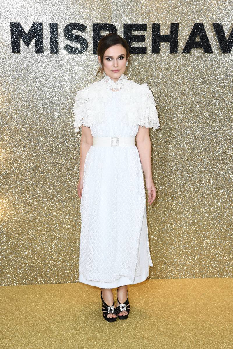 Keira Knightley, in Chanel, attends the 'Misbehaviour' premiere at The Ham Yard Hotel on March 9, 2020 in London, England.