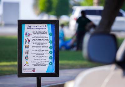 Abu Dhabi, United Arab Emirates, November 2, 2020.   Covid-19 precautionary signs along the Corniche.Victor Besa/The NationalSection:  NAFor:  Standalone/Stock/Weather