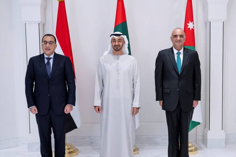 The President, Sheikh Mohamed, with Egyptian Prime Minister Mostafa Madbouly, left, and Jordanian Prime Minister Bishr Al-Khasawneh in Abu Dhabi. Photo: Ministry of Presidential Affairs