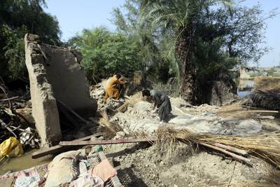 A family salvages items from the ruins of their home, which was destroyed by flooding, in the Shikarpur district of Sindh province. AP