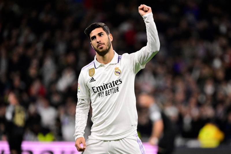 Real Madrid's Spanish midfielder Marco Asensio celebrates after scoring his team's first goal. AFP