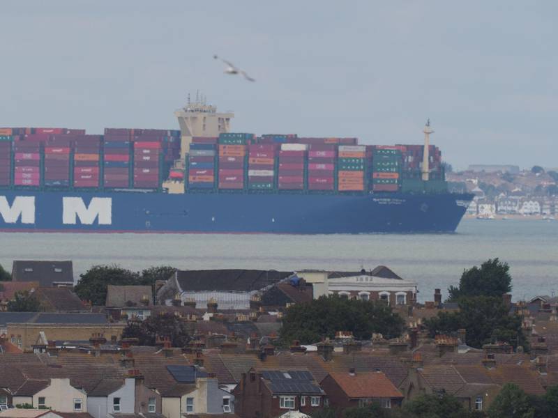 2CC59JX Sheerness, Kent, UK. 18th August, 2020. HMM Gdansk is the sister ship to HMM Algeciras - the World's largest containership - was seen departing the Thames this afternoon after her maiden visit to Europe calling at London Gateway. Her next desintation is Suez Canal, Egypt. Credit: James Bell/Alamy Live News/Alamy
