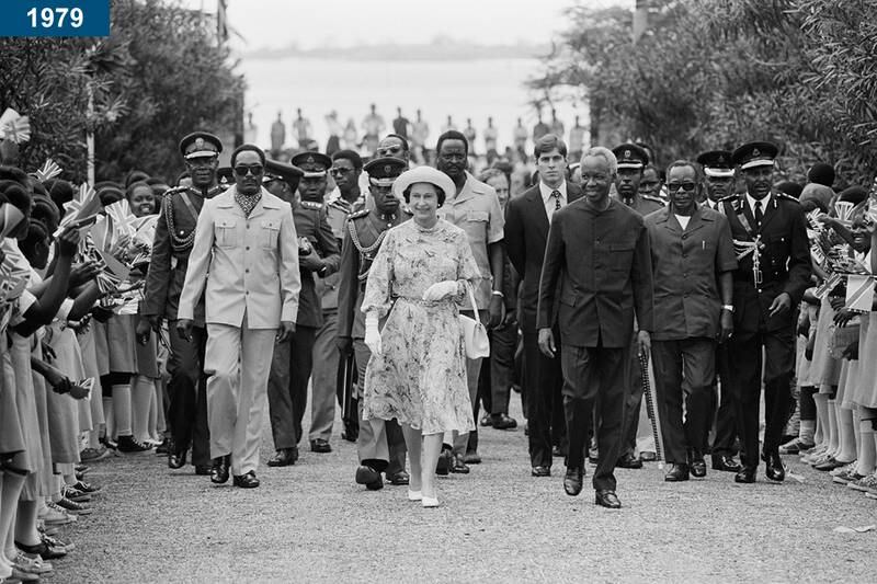 1979: The queen is met by president Julius Nyerere at Dar es Salaam airport, at the start of a three-day state visit to Tanzania.