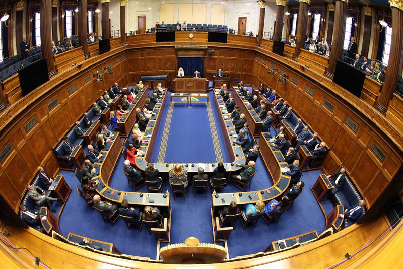Handout photo of MLAs in the Assembly Chamber at Parliament Buildings, Stormont. Picture date: Friday May 13, 2022.