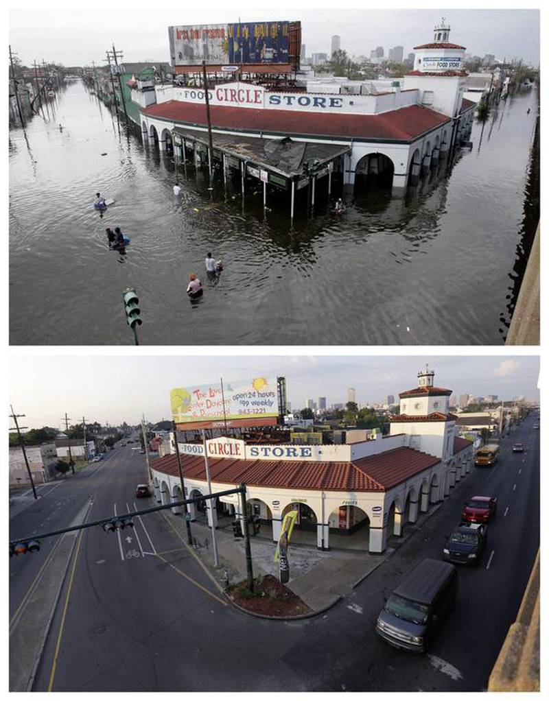 People wade through floodwaters as they go in and out of the Circle Food Store in New Orleans after Hurricane Katrina, and the grocery store a decade later.