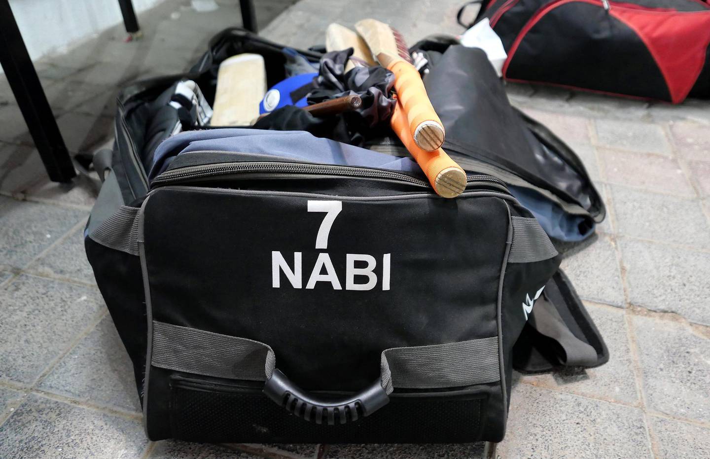 Kitbag of Hassan Khan, the son of Afghanistan/IPL star Mohammed Nabi, during the training at Sharjah Cricket Academy in Sharjah on May 10,2021. Pawan Singh / The National. Story by Paul