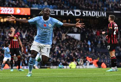 Jeremy Doku celebrates scoring Manchester City's opening goal. AFP