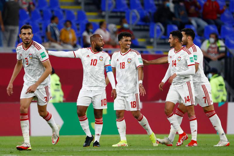 UAE players celebrate victory over Mauritania at the Fifa Arab Cup 2021 Group B match at the Ras Abu Aboud Stadium in Doha. All photos by AFP