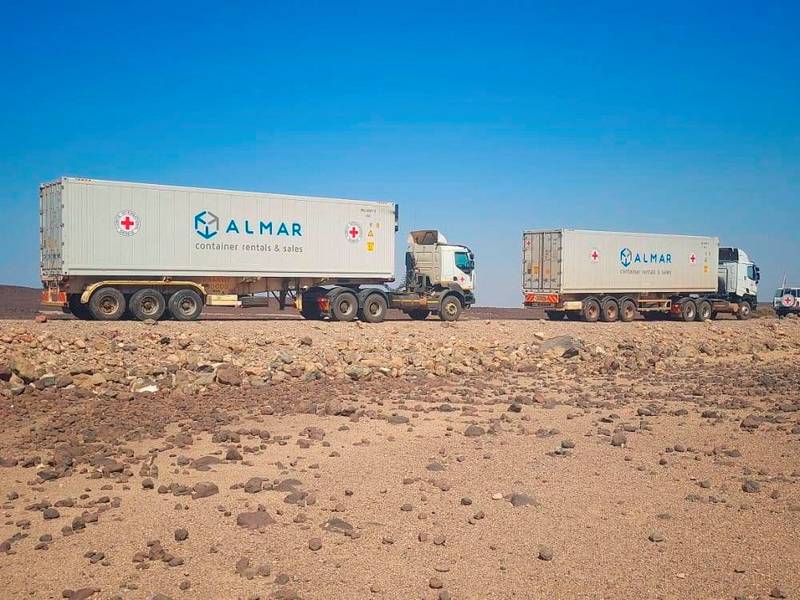 A convoy of lorries from the International Committee of the Red Cross deliver lifesaving medical supplies to Mekelle in the Tigray region.  Reuters