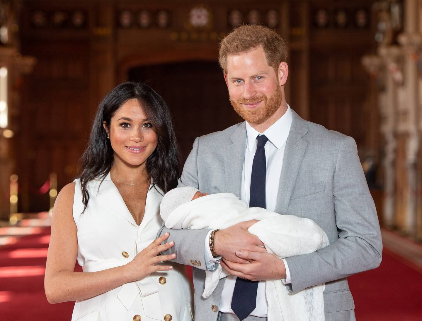 Prince Harry and Meghan, Duchess of Sussex, pose with their newborn son Archie at Windsor Castle in 2019. Getty Images