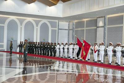 ABU DHABI, UNITED ARAB EMIRATES - July 13, 2018: The UAE Armed Forces Honour Guard participate in a reception for HE Cyril Ramaphosa, President of South Africa (not shown), at the Presidential Airport.
 
( Mohamed Al Hammadi / Crown Prince Court - Abu Dhabi )
---