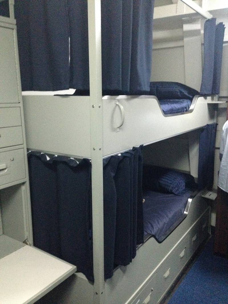 The United Nations VIP ‘suite’ aboard the USS George HW Bush. Each of the carrier’s VIP cabins are named for a different role held by its namesake; this one refers to the former president’s time as US ambassador to the United Nations.
