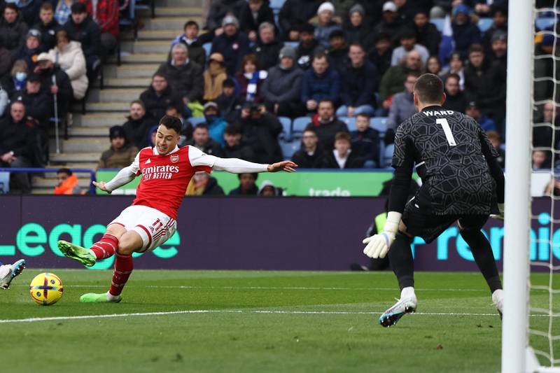 Arsenal's Gabriel Martinelli scores his team's first goal against Leicester City at the King Power Stadium on Saturday, February 25, 2023. AFP