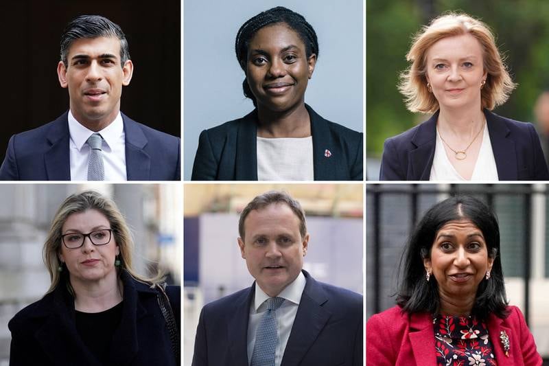 The remaining six Tory leadership candidates, clockwise from top left: Rishi Sunak, Kemi Badenoch, Liz Truss, Suella Braverman, Tom Tugendhat and Penny Mordaunt. PA / Reuters / UK Parliament
