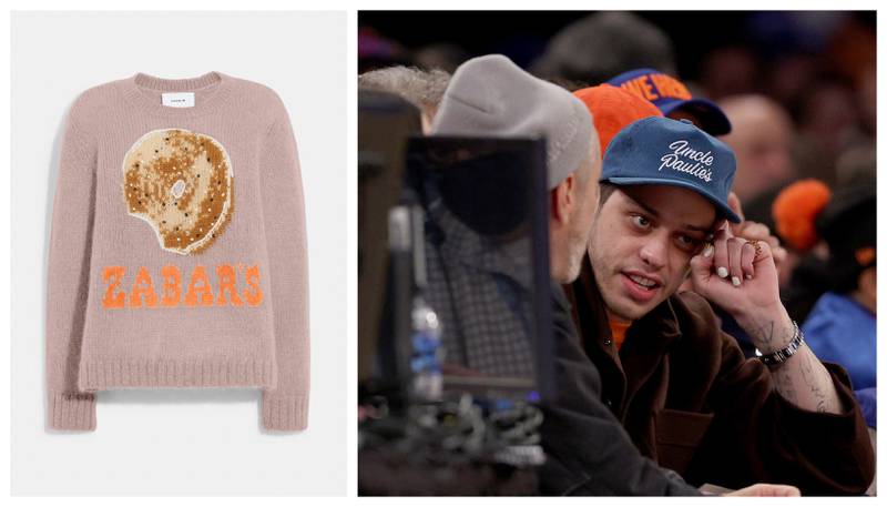 Pete Davidson's love of delicatessen-branded merchandise has sparked the new trend delicore, as part of which New York deli Zabar's has collaborated with fashion label Coach to create a line emblazoned with its famous bagels. Photo: Coach; AFP