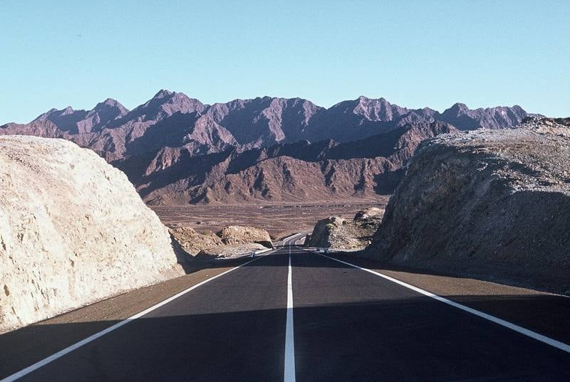 A new road cuts through the mountains between Dibba and Masafi in 1978.