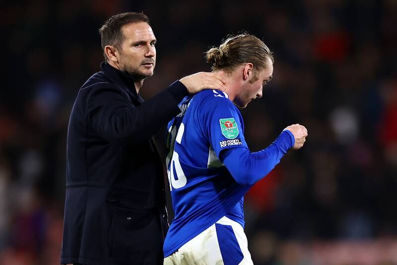 Everton manager Frank Lampard consoles midfielder Tom Davies. Getty Images