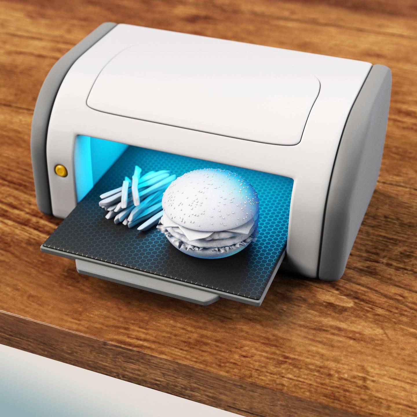 Futuristic illustration of artificial burger and french fires created using a 3D printer.