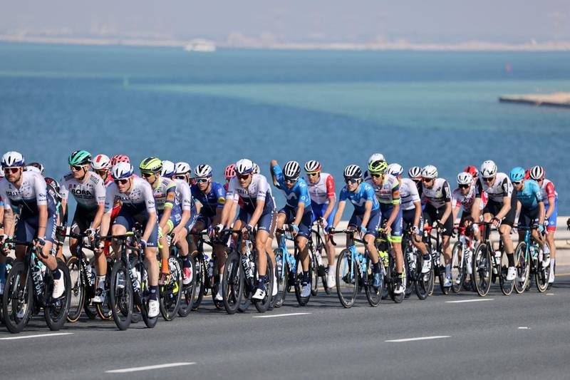 The pack rides during the seventh stage of the UAE Tour from Yas Mall to Abu Dhabi Breakwater. AFP