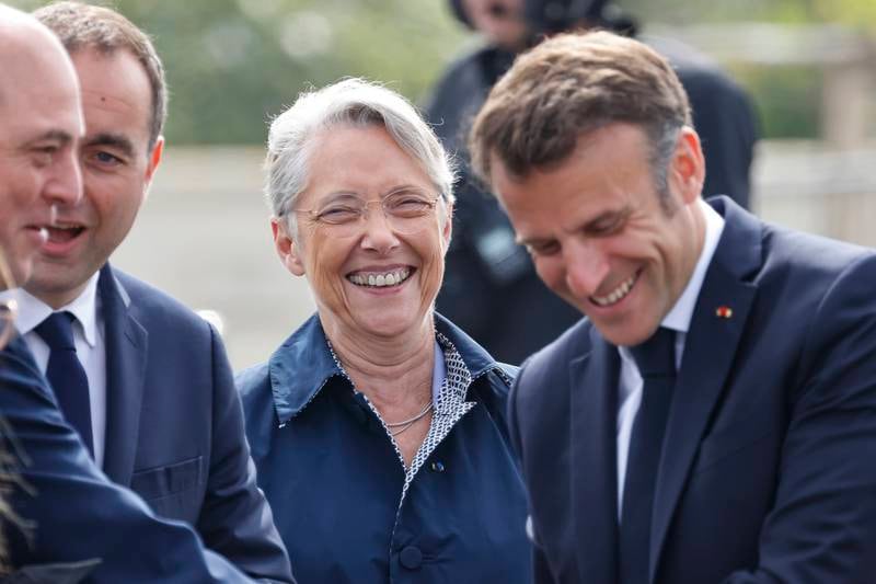 British Defence Secretary, left, shakes hands with French President Emmanuel Macron at 79th anniversary of the World War II 'D-Day' Normandy landings. EPA
