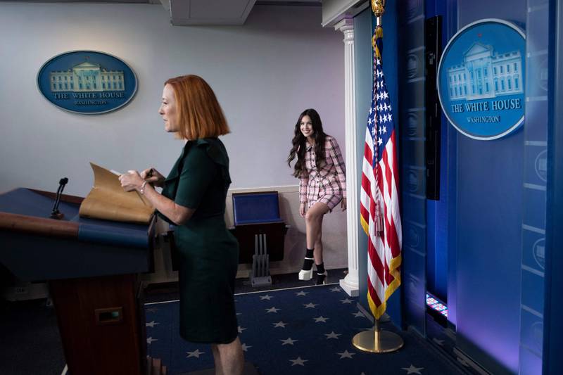 Pop star Olivia Rodrigo joins White House Press Secretary Jen Psaki for a press conference at the White House in Washington.