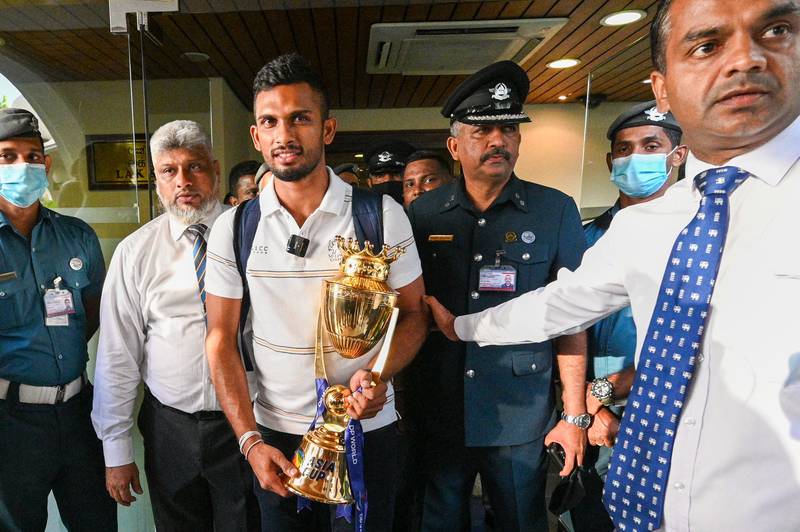 Sri Lanka's captain Dasun Shanaka arrives at the Katunayake airport following victory in the Asia Cup final against Pakistan in Dubai. AFP