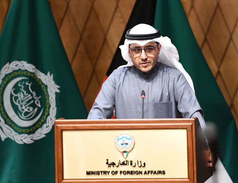 Kuwaiti Foreign Minister Sheikh Ahmed Nasser Al Sabah addresses a gathering of Arab foreign minister in Kuwait on Sunday. EPA