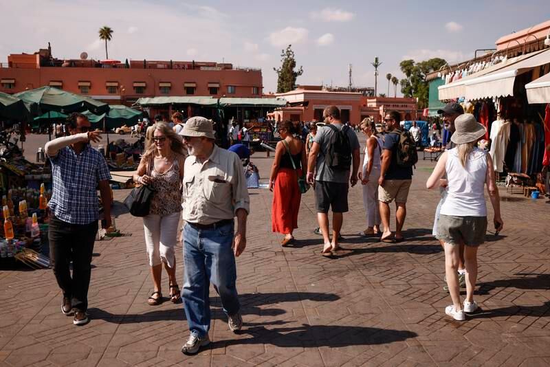 Tourists in Marrakesh on September 12. The earthquake that struck central Morocco on September 8 damaged buildings in an area stretching from the Atlas Mountains to the famous city. EPA