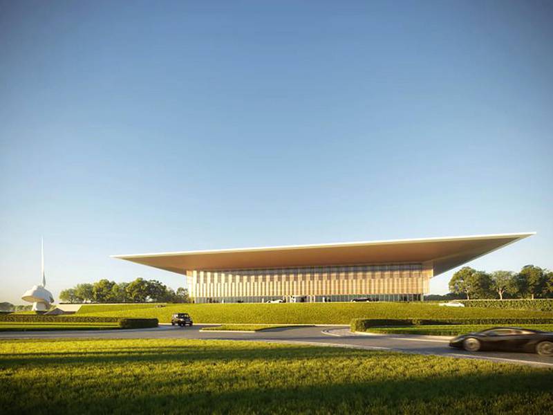 A rendering of Sharjah's House of Wisdom with 'The Scroll' to its left.