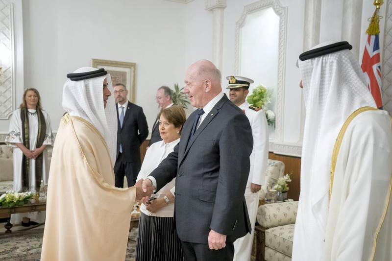 ABU DHABI, UNITED ARAB EMIRATES - October 01, 2017: HH Lt General Sheikh Saif bin Zayed Al Nahyan, UAE Deputy Prime Minister and Minister of Interior (L), greets His Excellency General the Honourable Sir Peter Cosgrove, Governor-General of Australia (2nd L), during a reception at Mushrif Palace. 

( Rashed Al Mansoori / Crown Prince Court - Abu Dhabi )
---