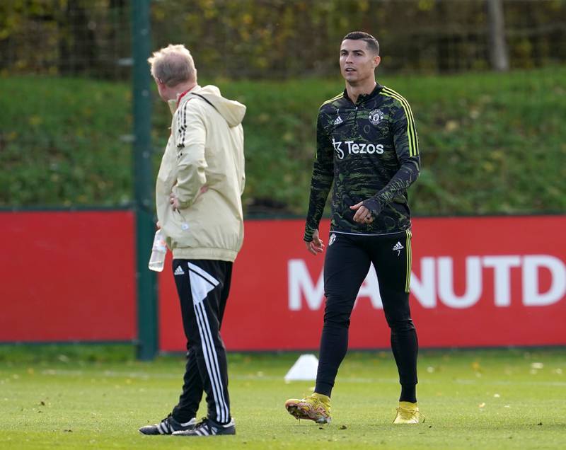 Manchester United's Cristiano Ronaldo with assistant manager Steve McLaren during a training session at the Aon Training Complex in Carrington on Wednesday, October 26, 2022. PA