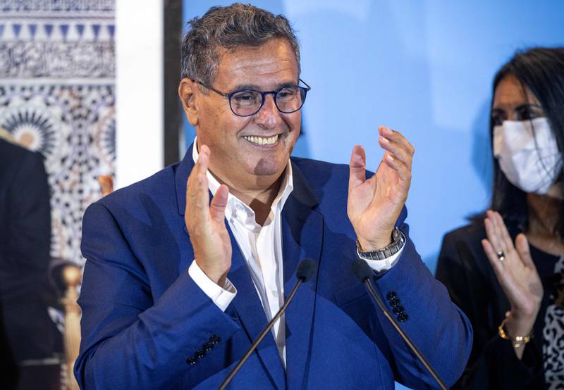 President of Morocco's National Rally of Independents (RNI) Aziz Akhannouch, celebrates during a press conference in the capital Rabat, after his party came in first in parliamentary and local elections. AFP