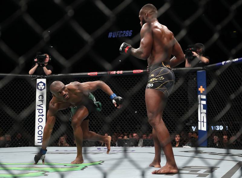Kamaru Usman and Leon Edwards in action during their welterweight title bout at UFC 286. PA