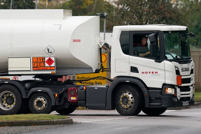 A fuel tanker leaves a Shell oil depot in Warwickshire, England. Photo: PA