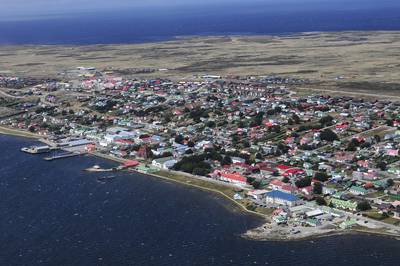 PORT STANLEY, FALKLANDS ISLANDS - JANUARY 26: Aerial view of Port Stanley on January 26, 2012 in Port Stanley, Falklands Islands. (Photo by Raphael WOLLMANN/Gamma-Rapho via Getty Images)