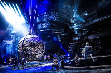 Motorcyclists defy gravity during an act in 'La Perle'. Courtesy La Perle
