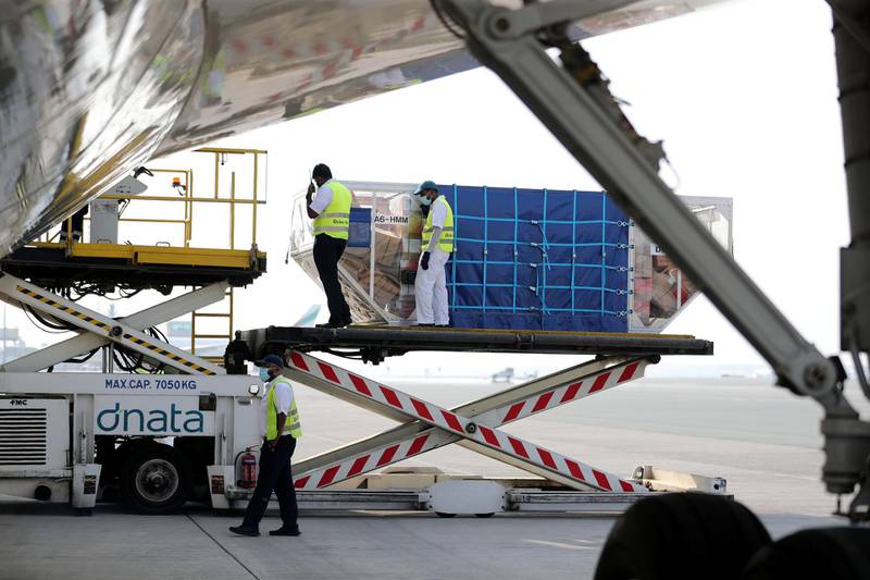 Dubai, United Arab Emirates - Reporter: Kelly Clarke. Aid is loaded up on a plane to Lebanon at Dubai airport to support Beirut after the explosion. Wednesday, August 5th, 2020. Dubai. Chris Whiteoak / The National