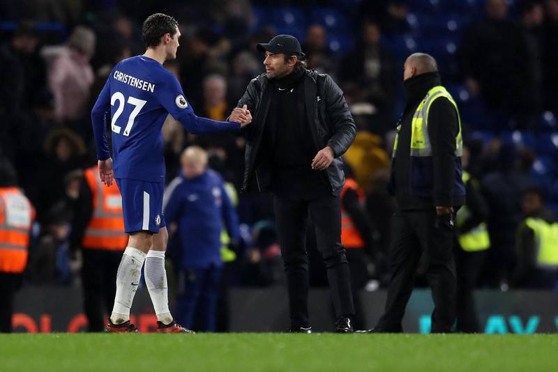 LONDON, ENGLAND - DECEMBER 16: Antonio Conte manager / head coach of Chelsea with Andreas Christensen of Chelsea during the Premier League match between Chelsea and Southampton at Stamford Bridge on December 16, 2017 in London, England. (Photo by Catherine Ivill/Getty Images)