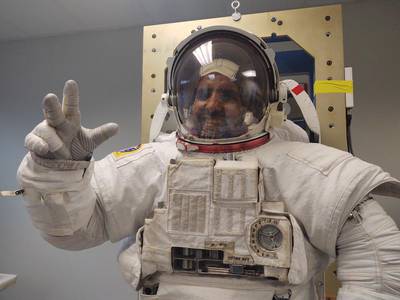 Hazza Al Mansouri, first Emirati man in space, wears a 130 kilogram-heavy extravehicular activities suit for spacewalk training. All photos courtesy of Mohammed bin Rashid Space Centre 